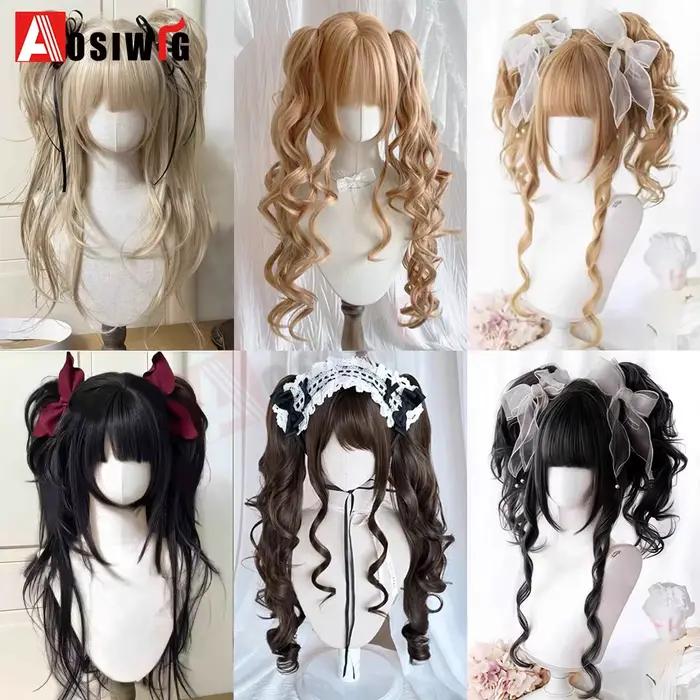 Perruque Lolita synthétique coupe princesse Double queue de cheval avec frange fille Ombre Blonde ma