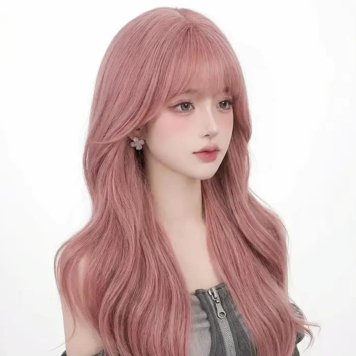 Perruque longue bouclée rose de 28 pouces, perruque synthétique pour femme, franges droites rose fon