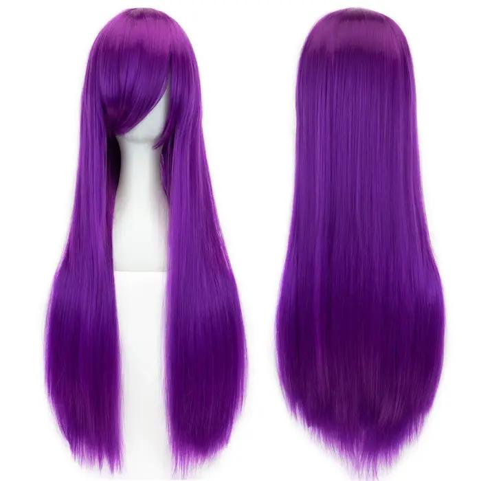 Soowee 80 cm de Long cheveux synthétiques blanc violet Cosplay perruques fête cheveux noirs perruque