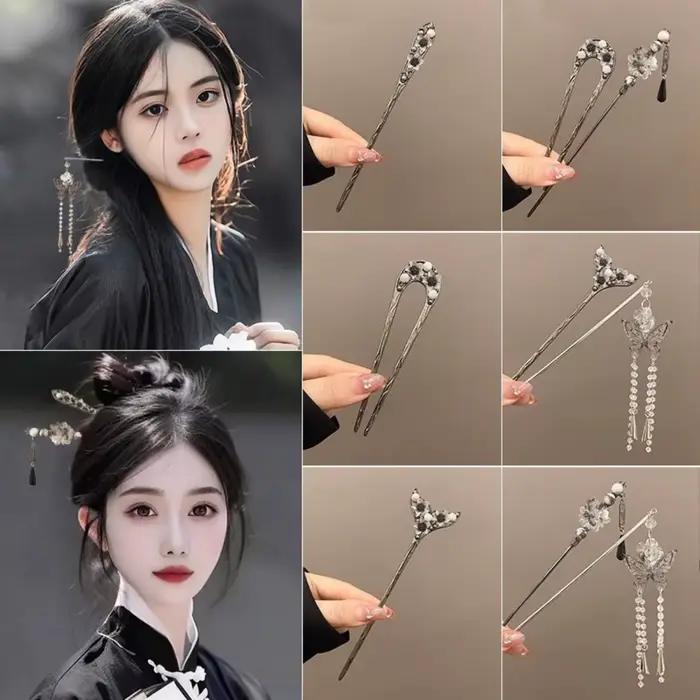 Épingle à cheveux à fleurs de Style néo-chinois, bâton de cheveux à pampilles de fleurs colorées pou