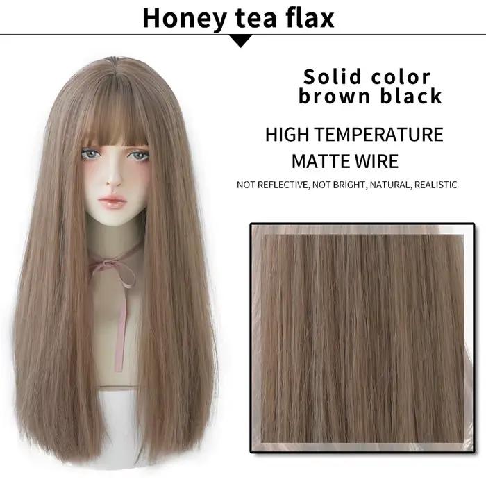 7JHHWIGS – perruques synthétiques longues et lisses marron clair avec frange pour femmes, résistante