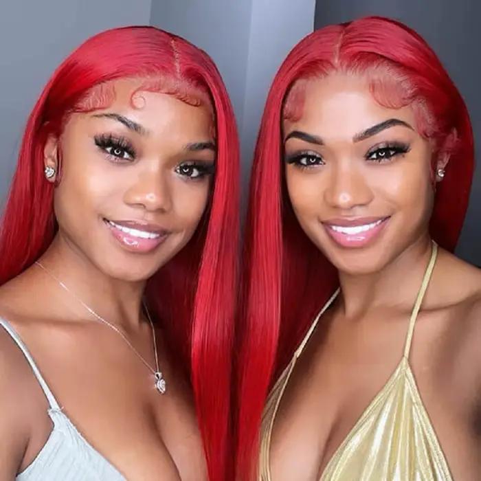 Perruque Lace Frontal Wig brésilienne naturelle, cheveux lisses, couleur bordeaux, 13x6, Hd, pre-plu