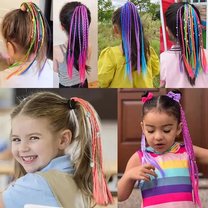 Extensions capillaires synthétiques tressées colorées pour filles, avec bandes en caoutchouc, postic