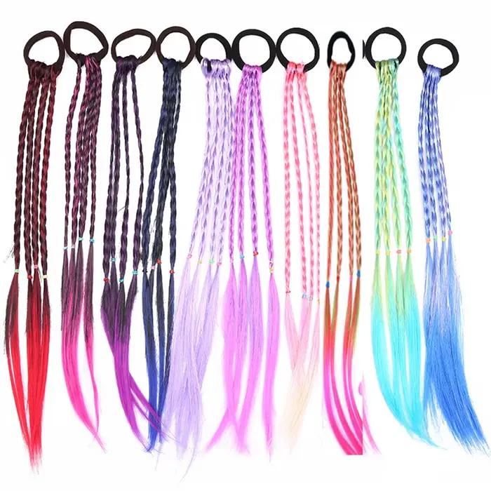 Extensions capillaires synthétiques tressées colorées pour filles, avec bandes en caoutchouc, postic