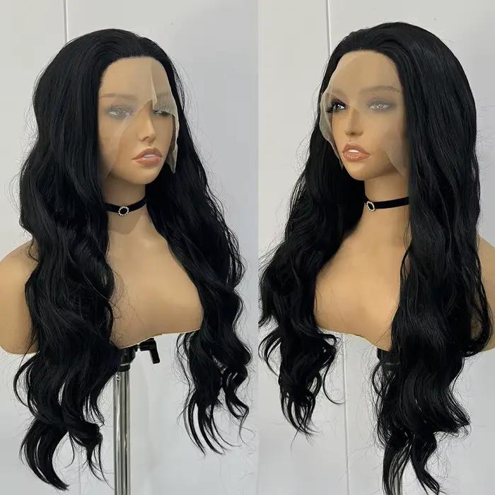 Perruques Lace Front synthétiques noires pour femmes, cheveux longs, corps ondulé, fibre de degré de