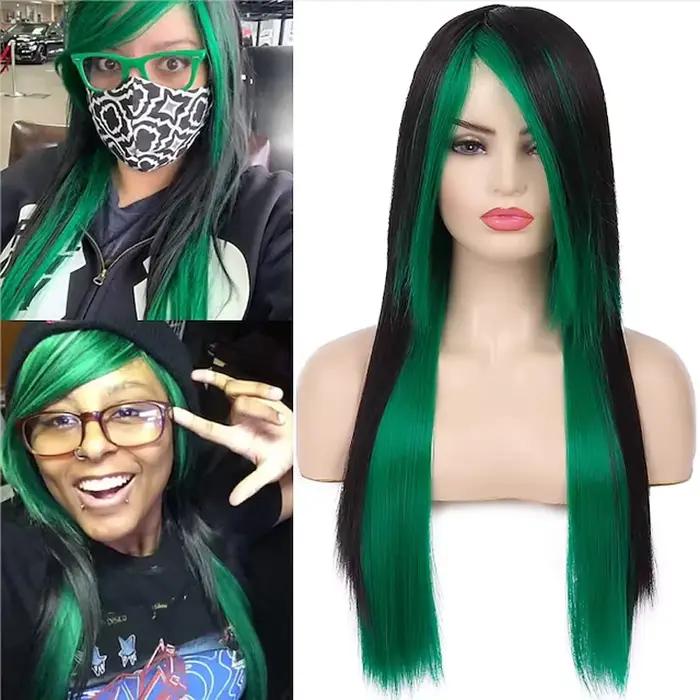 HAIRJOY cheveux synthétiques longs rouge noir droite résistant à la chaleur côté frange Halloween Co