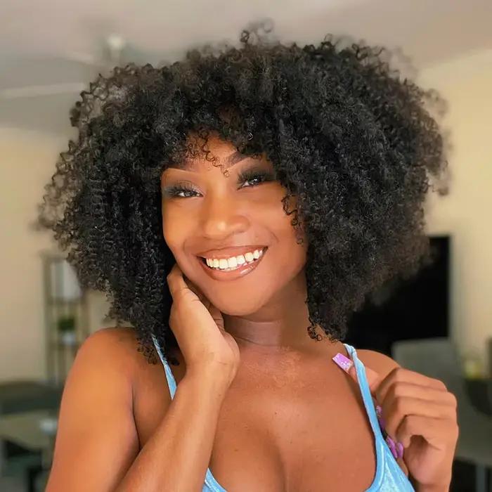 Perruques Bob Courtes Bouclées en Cheveux Humains, Perruques Afro Bouclées avec Frange, Perruques Bo