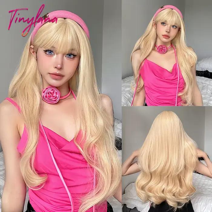 Perruques synthétiques ondulées blondes longues avec frange, perruques de Cosplay Lolita blondes Hal