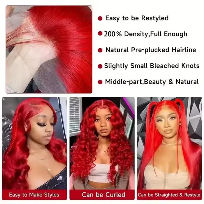 Perruque Lace Frontal Wig Body Wave brésilienne naturelle, cheveux humains Hd, couleur rouge vif, 13