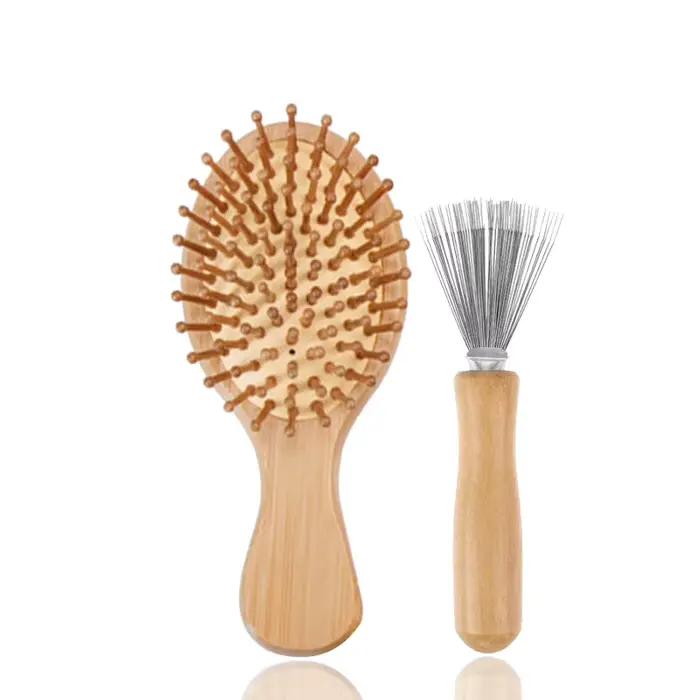 Brosse à cheveux en bambou avec kit de nettoyage, peigne démêlant en bois naturel pour massage du cu
