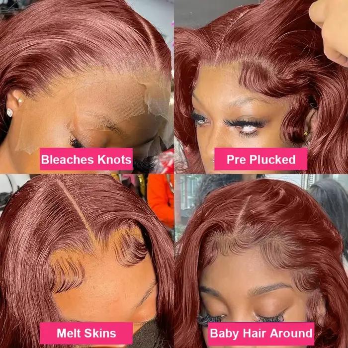 Perruque Lace Front Wig Body Wave Naturelle, Cheveux Humains, Couleur Rouge Brun HD, 13x4, 13x6, 4x4