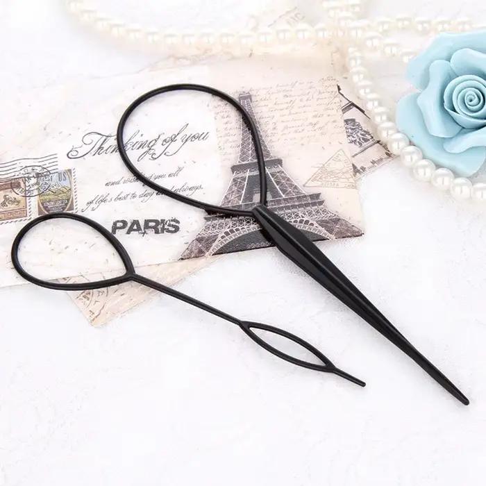 1 ensemble (2 pièces) d'outils de coiffure en plastique noir pour queue de cheval, pince à cheveux t