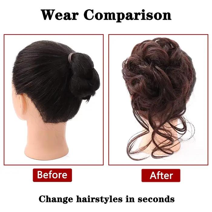Chignon synthétique en désordre, Extensions capillaires Updo ébouriffées avec pince à griffes, chouc