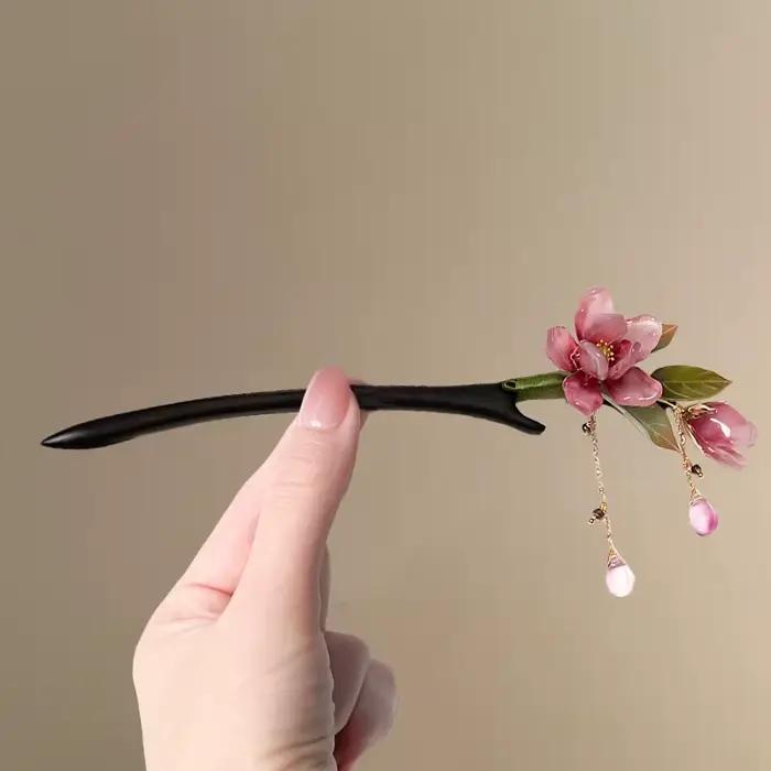 Épingle à cheveux florale de Style chinois, pompon de fleur rose, accessoire de cheveux élégant Hanf