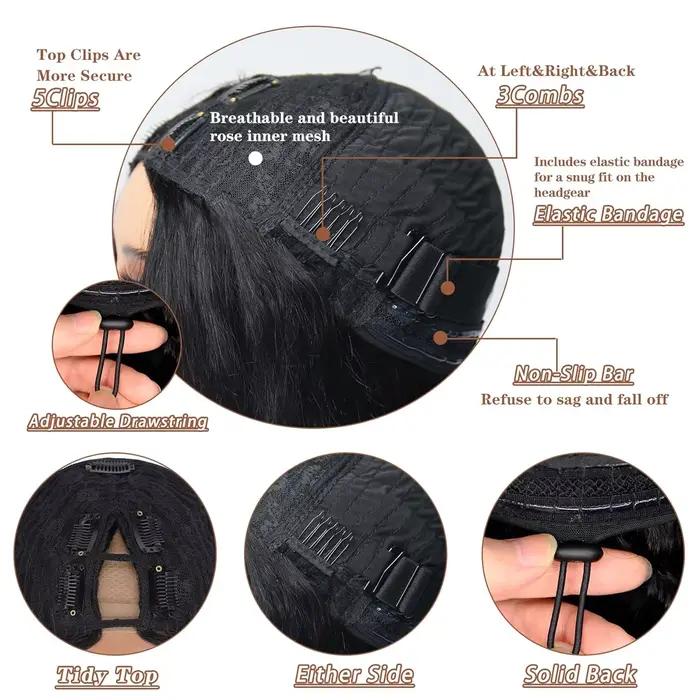 Perruque en cheveux humains à partie en V droite, améliorée, sans colle, demi-perruque à clipser ave