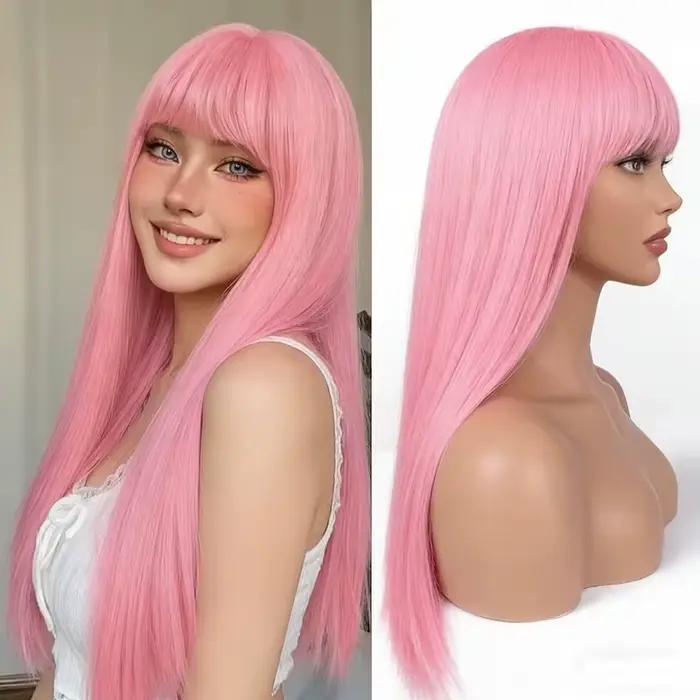 Perruque synthétique rose longue et droite pour Halloween, cosplay, jeux de rôle et fêtes quotidienn
