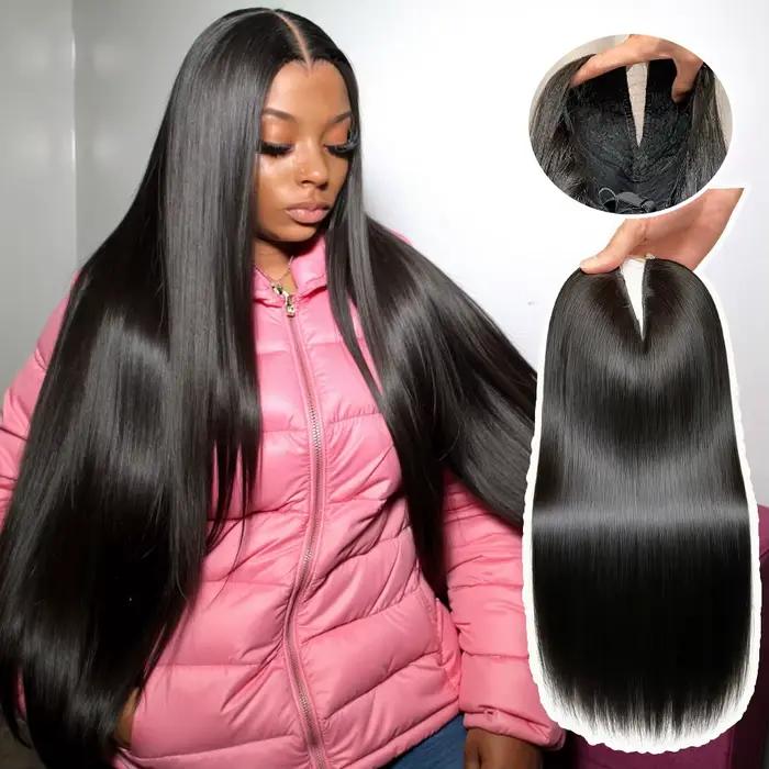 Perruque en cheveux humains à partie en V droite, améliorée, sans colle, demi-perruque à clipser ave
