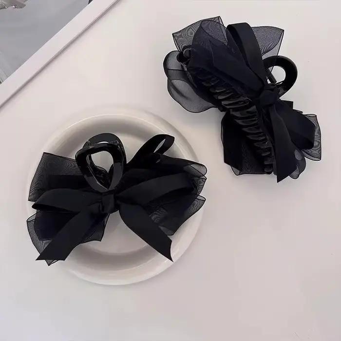 Pince à cheveux avec nœud en maille noire ultra-fantasy, pour l'arrière de la tête, pour cheveux épa
