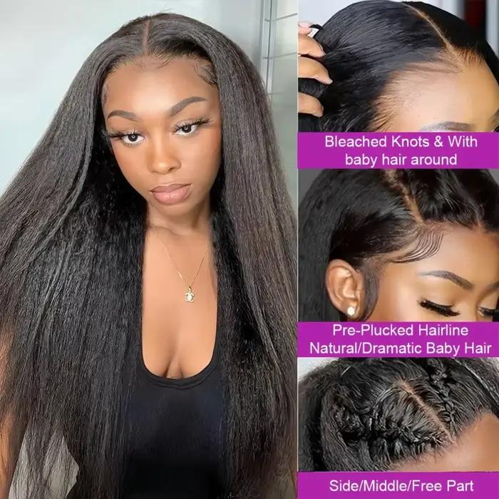 Perruques frontales 360 HD Lace Kinky Straight en cheveux humains brésiliens, densité 220, noires, p