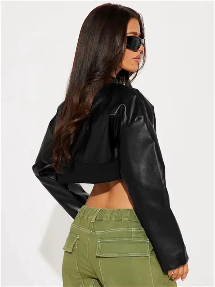 Kliou-Veste en patchwork PU pour femme, manches longues, fermeture éclair, bouton hipster, vêtements