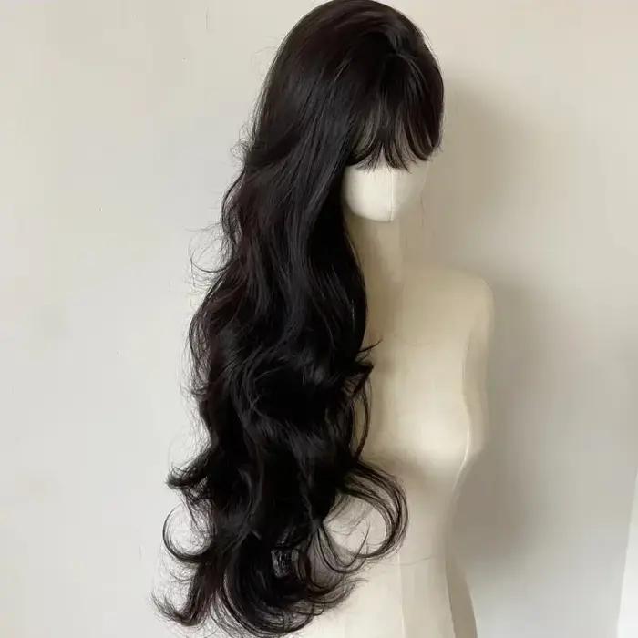 Lolita Black Wig for Women, Long Wavy Hair, Curly Wig with Bangs, Cosplay Sauna Band, Synthetic Wigs