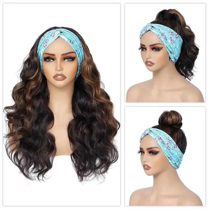 Perruque bandeau synthétique ondulée longue pour femmes, perruques noires avec reflets blonds bruns,