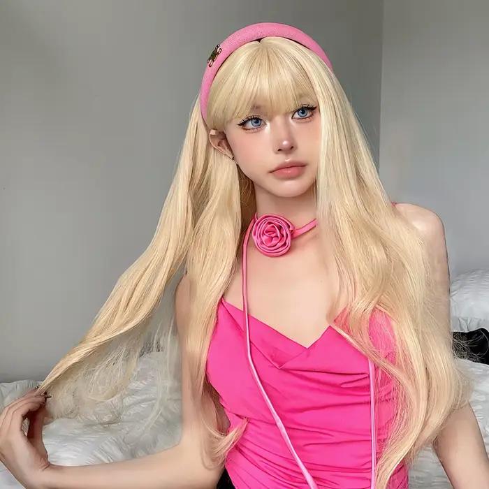 Perruques synthétiques ondulées blondes longues avec frange, perruques de Cosplay Lolita blondes Hal