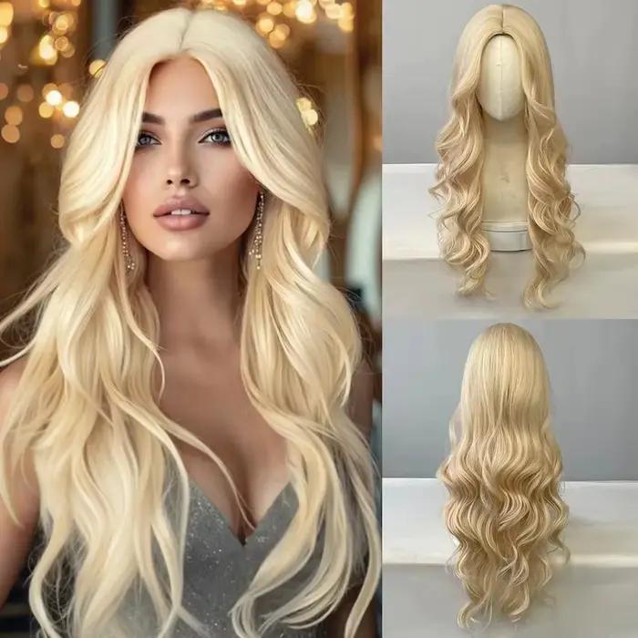 Perruque synthétique noire avec coiffure longue ondulée séparée pour fête, cosplay d'Halloween, usag