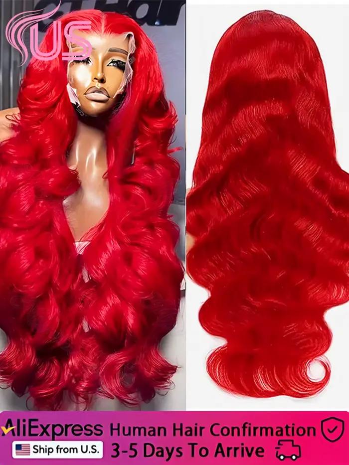 Perruque Lace Frontal Wig Body Wave brésilienne naturelle, cheveux humains Hd, couleur rouge vif, 13