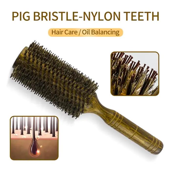 Brosse à cheveux ronde professionnelle en poils de sanglier pour femmes et hommes