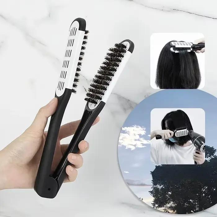 Lisseur de cheveux professionnel V Comb Clamp 2 en 1 avec double brosses en nylon