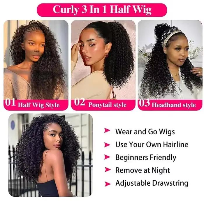 Mise à niveau 3 en 1 demi-perruque avec cordon de serrage sans couture Clip Ins Flip sur crépus bouclés perruque 200%