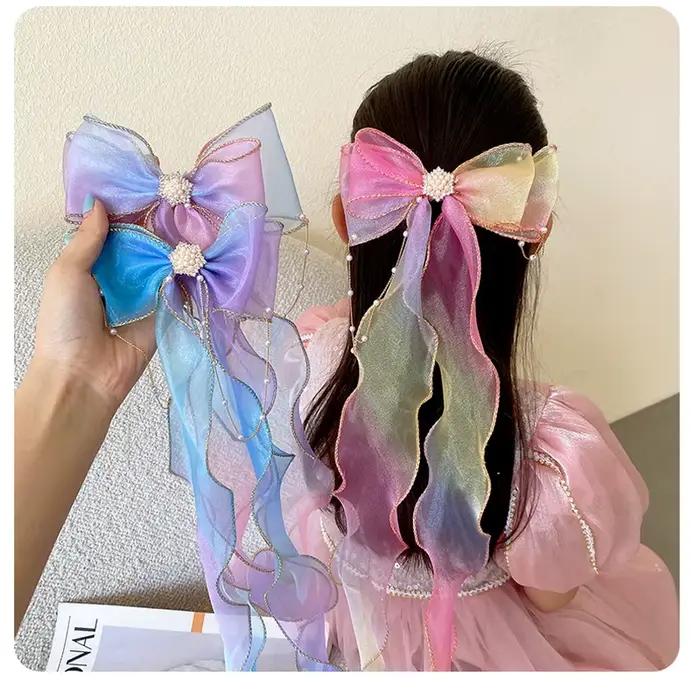 Accessoires de cheveux de mode nouvelles filles mignon coloré en mousseline de soie arc ruban épingles
