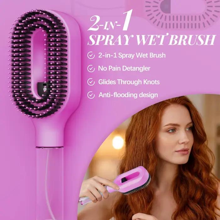 Brosse démêlante 2-en-1 manuelle avec pulvérisateur intégré pour cheveux bouclés – Brume fine anti-frisottis – Idéale
