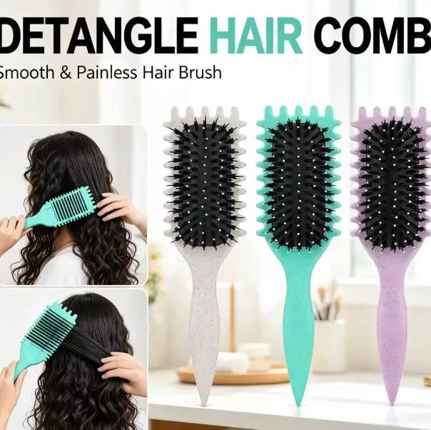 Brosse démêlante et coiffante sans douleur, peigne à queue de rat incurvé anti-rayures à poils doux, outil de coiffure pour boucles