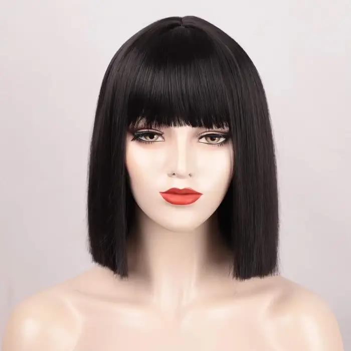 Perruque Bob Noire Courte avec Frange pour Femme, Perruques Droites, Degré de Chaleur, Ultraviolet Synthétique, Mia Wallace, Aleopatra Cospaly