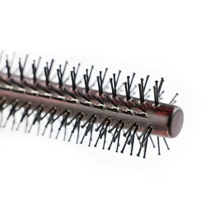 Mini brosse à cheveux ronde en nylon avec manche en bois pour hommes et femmes