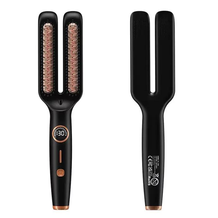 Brosse lissante chauffante 2-en-1 en céramique à double plaque chauffante, chauffage rapide, écran LCD numérique, anti-brûlure, peigne lisseur de cheveux en une seule étape