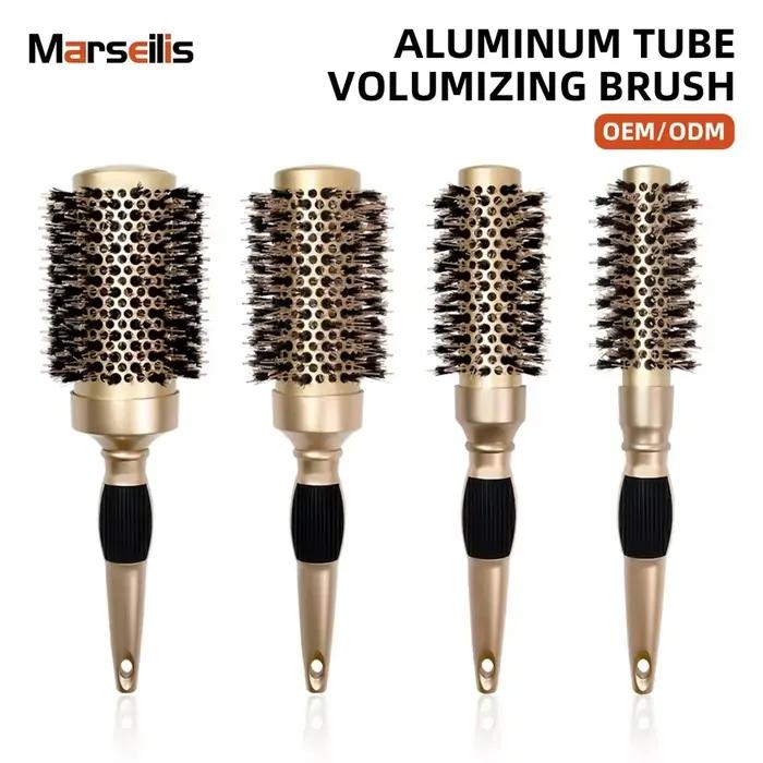 Brosse volumisante à poils de sanglier avec corps en aluminium conducteur de chaleur pour séchage, bouclage et démêlage des cheveux