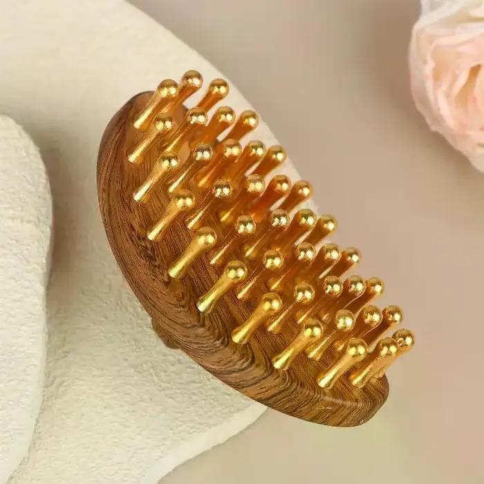 NOUVEAU Brosse de massage en laiton massif à 39 dents avec manche en bois