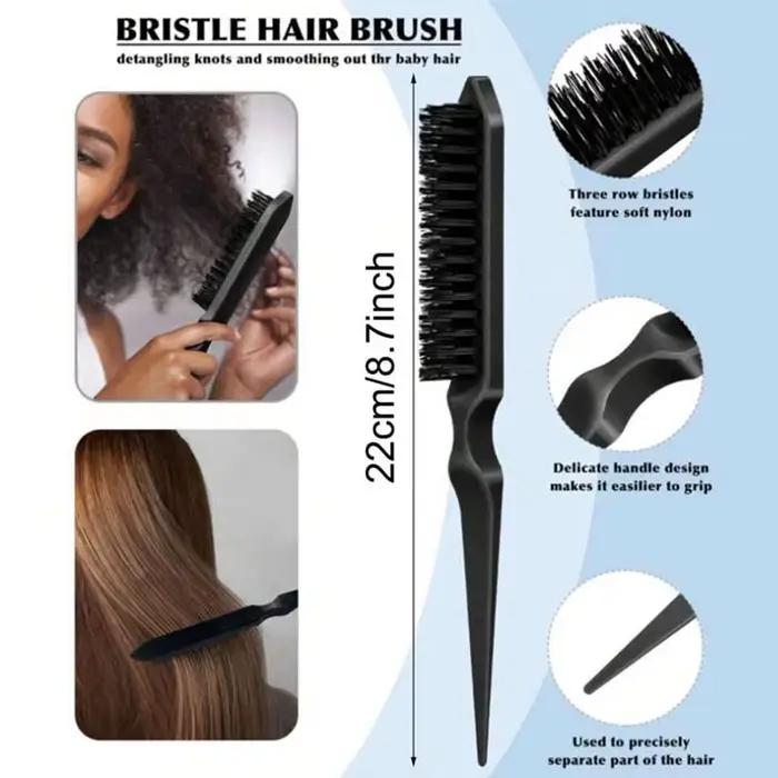 Brosse à cheveux à poils pour coiffure slick back, pour queue de cheval et chignon élégants, et pour lisser les baby hairs, les mèches rebelles et contrôler les bords - Pour backcombing et tupiement