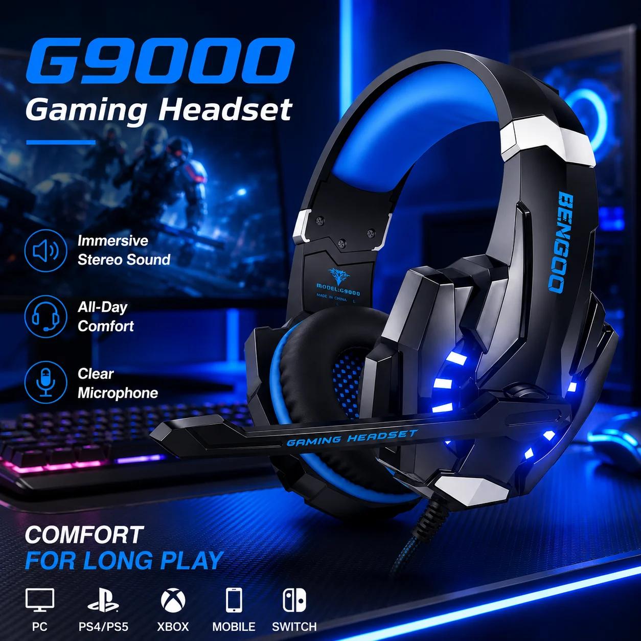 Casque de jeu filaire G9000 avec micro, casque stéréo supra-auriculaire à LED bleue pour PC PS4 PS5 Xbox Switch Ordinateur portable Mobile
