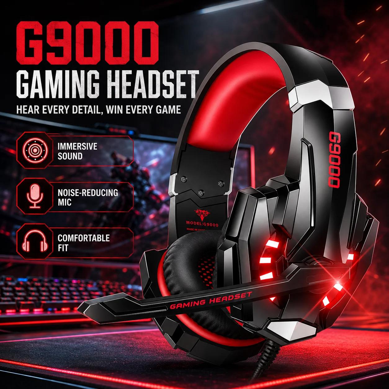 Casque de jeu filaire G9000 rouge avec micro anti-bruit, casque stéréo à basses profondes avec LED pour PC PS4 PS5 Xbox
