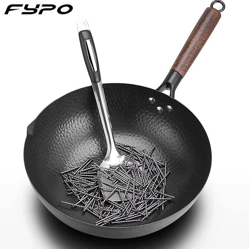 Wok artisanal en fer de 32cm, Wok traditionnel martelé à la main en acier au carbone chinois, Pot en fer pour Induction, gaz, adapté à tous les cuisinières