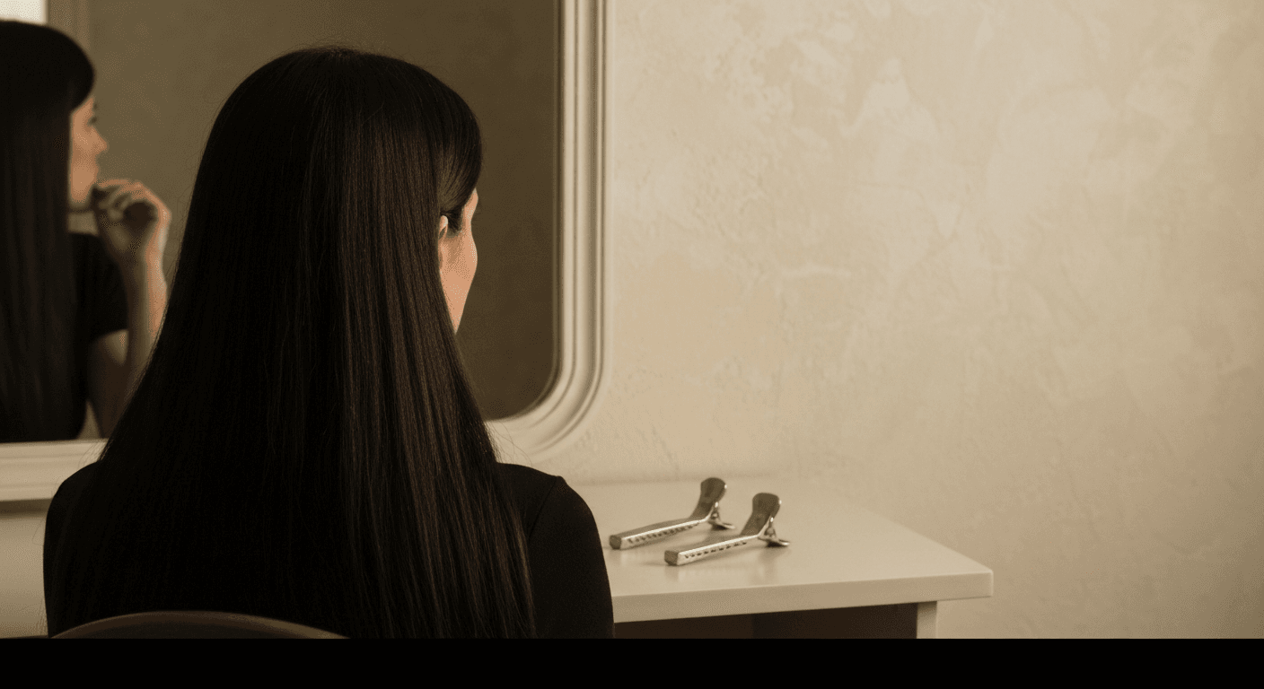 Une cliente après le rituel, devant son miroir