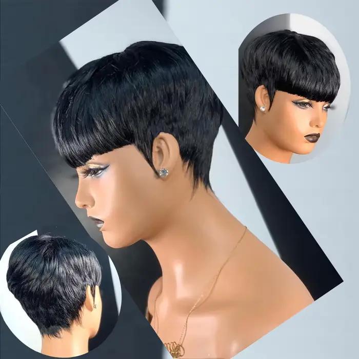 Perruques de cheveux courts, perruques coupe lutin, perruques courtes droites noires pour dames perr