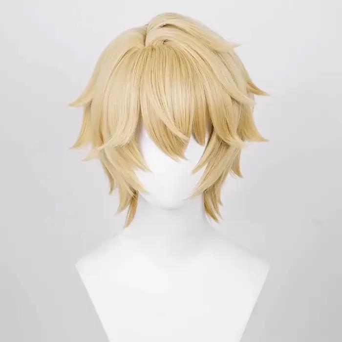 Perruque Synthétique Blonde Courte Droite avec Frange pour Homme, Anime Game Cosplay Fluffy, Perruqu