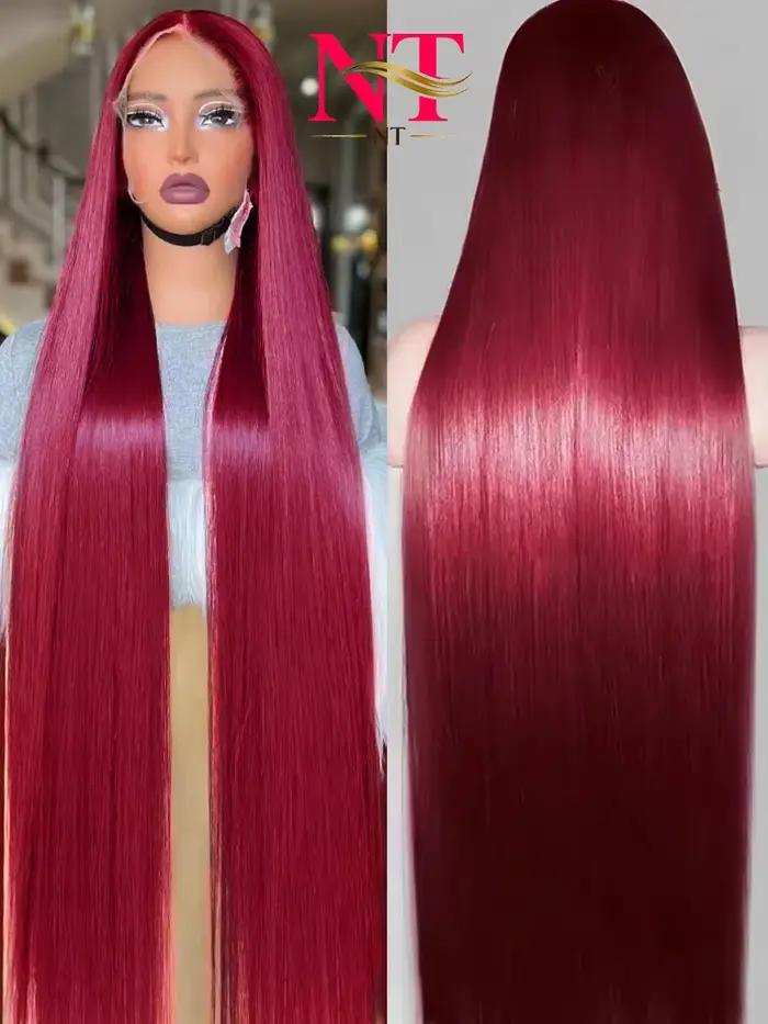 Perruque Lace Frontal Wig naturelle rouge bordeaux 99j, cheveux lisses, pre-plucked, densité 250, 5x
