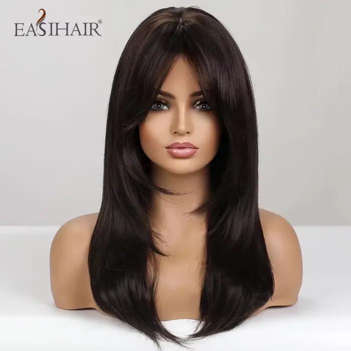 EASIHAIR – perruques synthétiques noires marron foncé avec frange, cheveux naturels mi-droits en cou