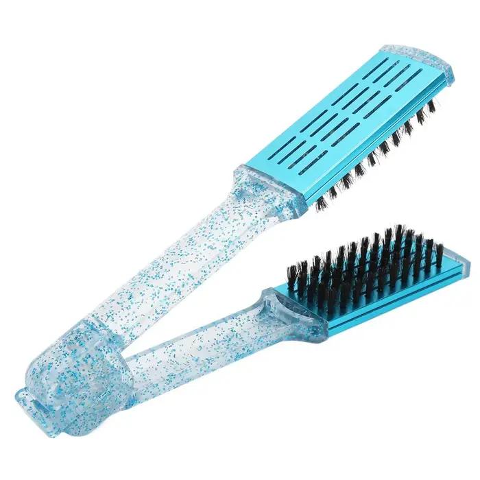 Brosse lissante multifonctionnelle bleue exquise avec pince, peigne lissant double face en ABS